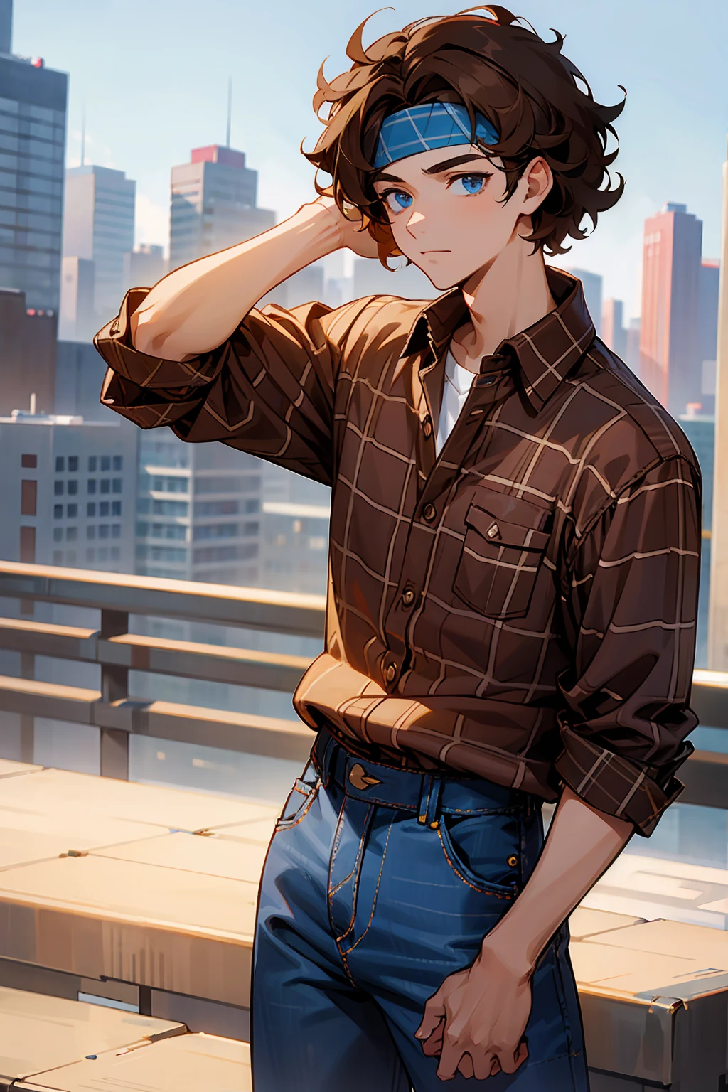 1male, Young Adult, Brown Hair, Curly Hair, Short Hair, Blue Eyes, Jeans, Headband, Flannel Shirt, City Background