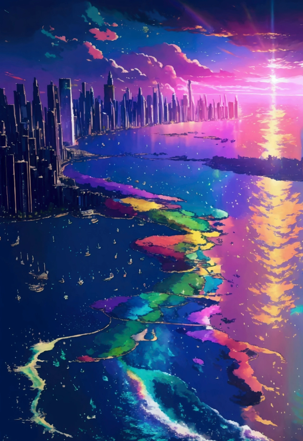 A linear motor car running on rainbow-colored sea tracks,colorful,Beautiful sea,Running on the sea、wonderful景色,Utopia,An atmosphere full of dreams and hope,masterpiece.16K, Ultra-high resolution, Ultra-high resolution, to be born,wonderful ,future、Iridescent、The world 30 years from now。