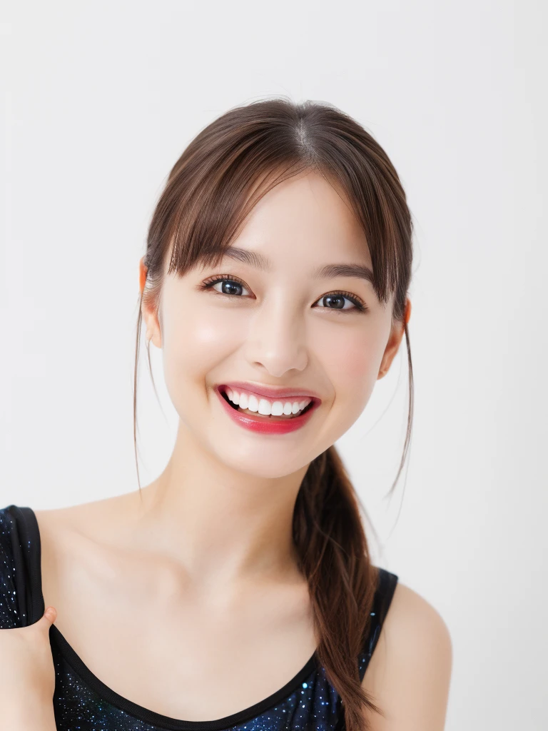 (Highest quality、8k、32K、masterpiece)、(Realistic)、(Photorealistic:1.2)、(High resolution)、Very detailed、Very beautiful face and eyes、1 girl、Round and small face、Narrow waist、Delicate body、(close、Highest quality、Attention to detail、Rich skin detail)、(Highest quality、8k、Oil paints:1.2)、Very detailed、(Realistic、Realistic:1.37)、Bright colors、(((Cowboy Shot)))、(((Brown Hair)))、(((Brown Hair)))、(((Medium Hair)))、(((Pure white wall background)))、(((Pure white wall background)))、(((Wearing black clothing)))、(((She has a happy expression)))、(((Laughter)))、(((Wearing a black T-shirt)))、(((Look straight ahead)))、(((Galaxy-themed shirt)))、(((Cross your arms)))、(((Frame In)))