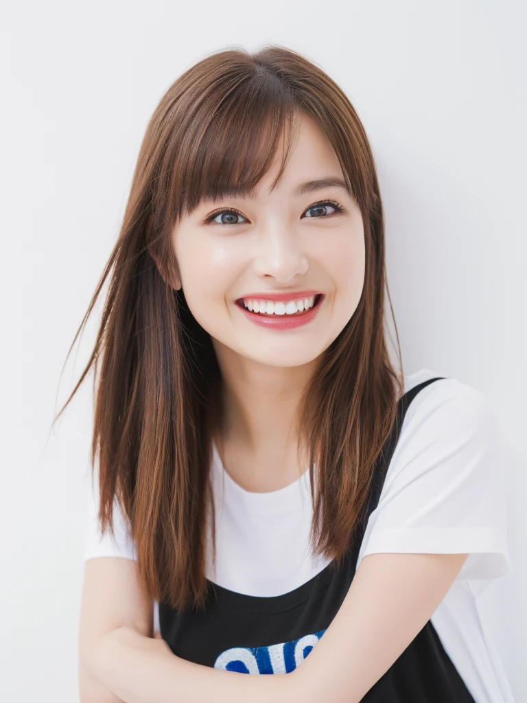 (Highest quality、8k、32K、masterpiece)、(Realistic)、(Photorealistic:1.2)、(High resolution)、Very detailed、Very beautiful face and eyes、1 girl、Round and small face、Narrow waist、Delicate body、(close、Highest quality、Attention to detail、Rich skin detail)、(Highest quality、8k、Oil paints:1.2)、Very detailed、(Realistic、Realistic:1.37)、Bright colors、(((Cowboy Shot)))、(((Brown Hair)))、(((Brown Hair)))、(((Medium Hair)))、(((Pure white wall background)))、(((Pure white wall background)))、(((Wearing black clothing)))、(((She has a happy expression)))、(((Laughter)))、(((Wearing a black T-shirt)))、(((Look straight ahead)))、(((Galaxy-themed shirt)))、(((Cross your arms)))、(((Frame In)))