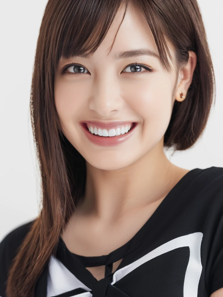 (Highest quality、8k、32K、masterpiece)、(Realistic)、(Photorealistic:1.2)、(High resolution)、Very detailed、Very beautiful face and eyes、1 girl、Round and small face、Narrow waist、Delicate body、(close、Highest quality、Attention to detail、Rich skin detail)、(Highest quality、8k、Oil paints:1.2)、Very detailed、(Realistic、Realistic:1.37)、Bright colors、(((Cowboy Shot)))、(((Brown Hair)))、(((Brown Hair)))、(((Medium Hair)))、(((Pure white wall background)))、(((Pure white wall background)))、(((Wearing black clothing)))、(((She has a happy expression)))、(((Laughter)))、(((Wearing a black T-shirt)))、(((Look straight ahead)))、(((Galaxy-themed shirt)))、(((Cross your arms)))、(((Frame In)))