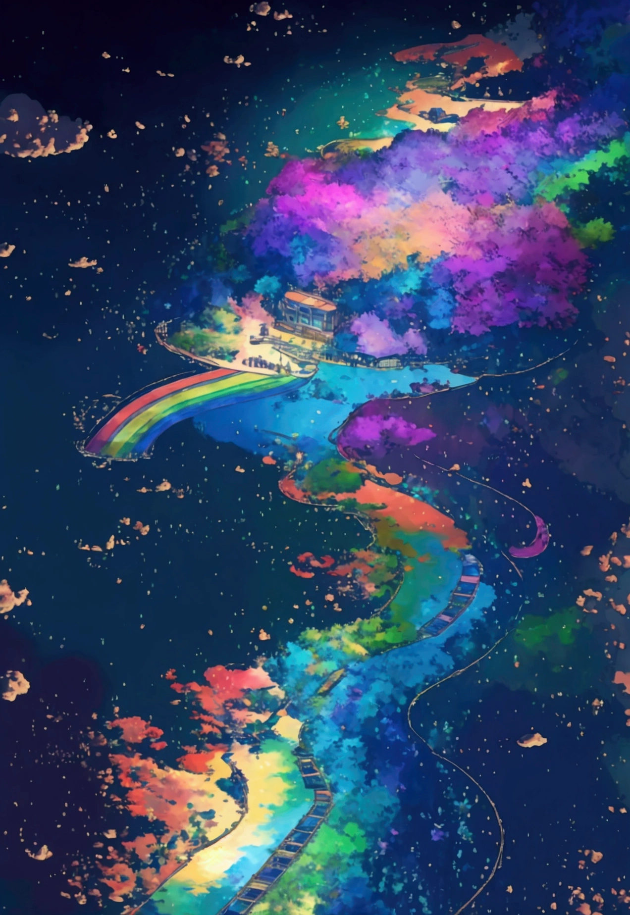A linear motor car running on rainbow-colored sea tracks,colorful,Beautiful sea,Running on the sea、wonderful景色,Utopia,An atmosphere full of dreams and hope,masterpiece.16K, Ultra-high resolution, Ultra-high resolution, to be born,wonderful ,future、Iridescent、The world 30 years from now。