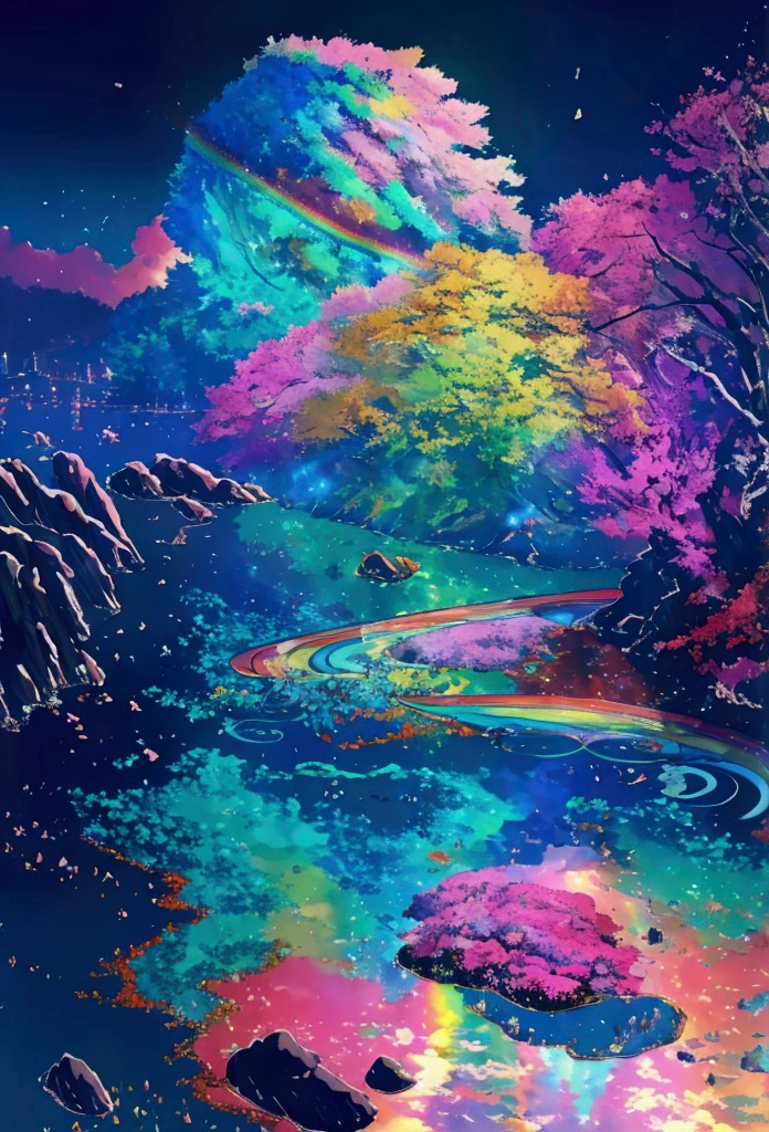 A linear motor car running on rainbow-colored sea tracks,colorful,Beautiful sea,Running on the sea、wonderful景色,Utopia,An atmosphere full of dreams and hope,masterpiece.16K, Ultra-high resolution, Ultra-high resolution, to be born,wonderful ,future、Iridescent、The world 30 years from now。