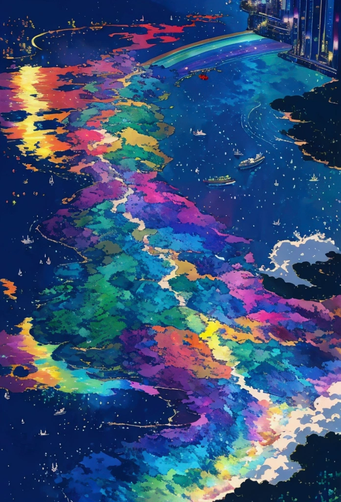 A linear motor car running on rainbow-colored sea tracks，colorful，Beautiful sea，Running on the sea、wonderful景色，Utopia，An atmosphere full of dreams and hope，masterpiece．16K, Ultra-high resolution, Ultra-high resolution, to be born,wonderful ,future、Iridescent、The world 30 years from now。