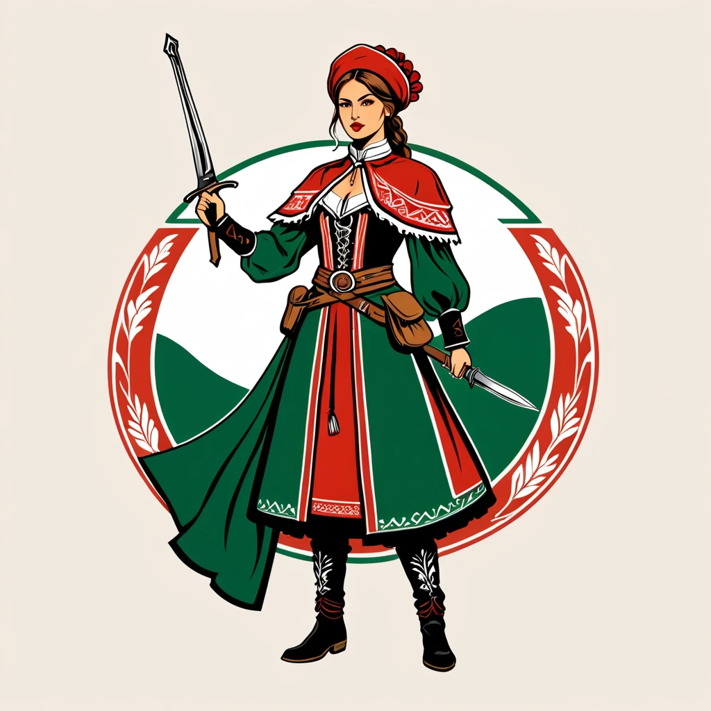 female rogue in hungarian folk outfit, vector graphics, strong contours, logo design
