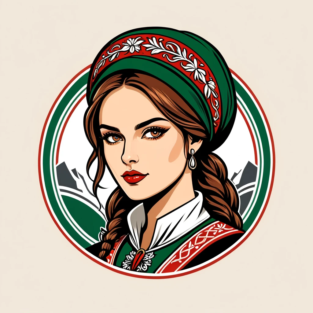 female rogue in hungarian folk outfit, vector graphics, strong contours, logo design
