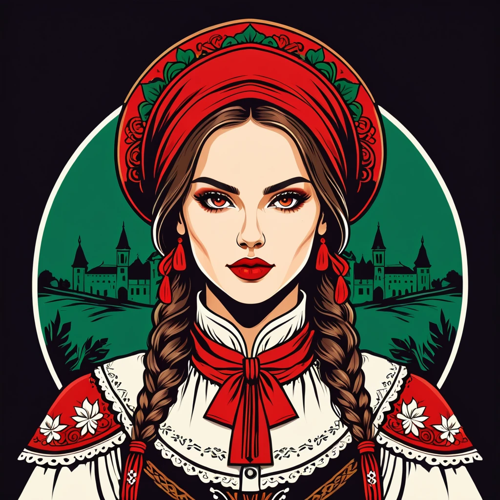female rogue in hungarian folk outfit, vector graphics, strong contours, logo design