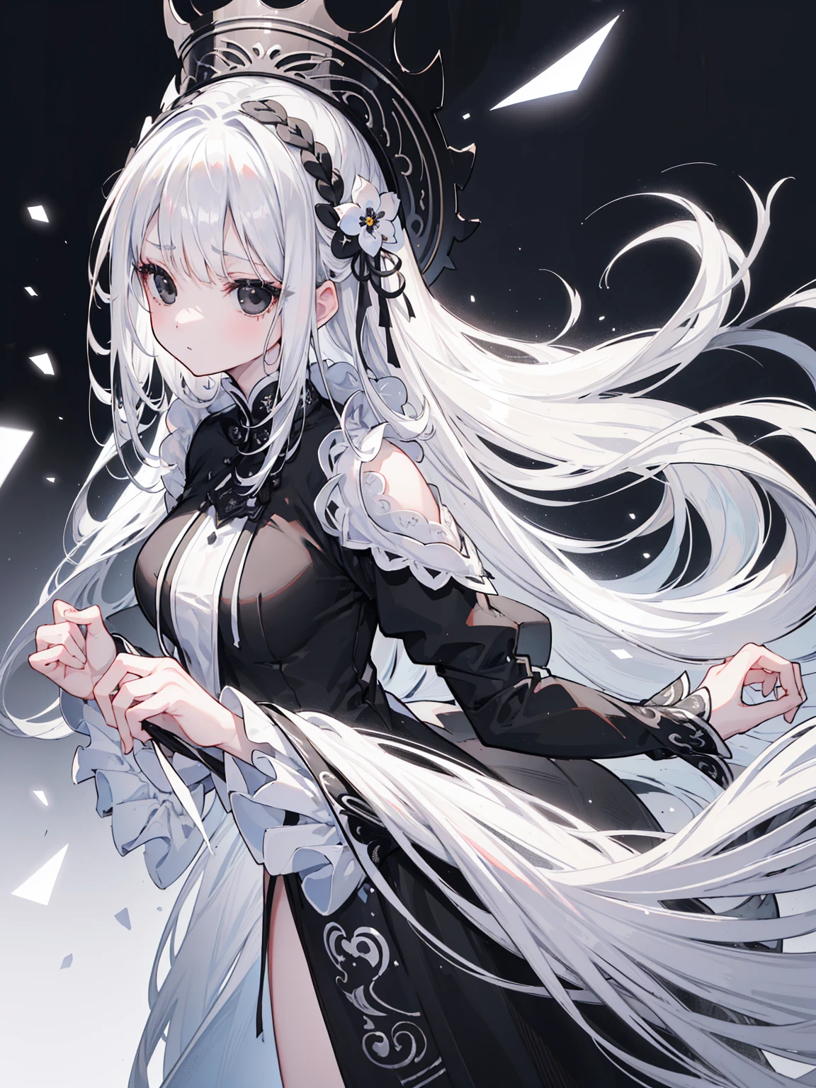(Top image quality)、(Very detailed)、(Facing forward)、Top quality、masterpiece、(((1 girl )))、Silver Hair、White hair、((Long hair))、Weaving、(black eyes:1.6)、(White and black cheongsam)、Hooded dress、Lots of decorations、Lots of ribbons、White Ribbon、ruthless、Fluffy loose hair