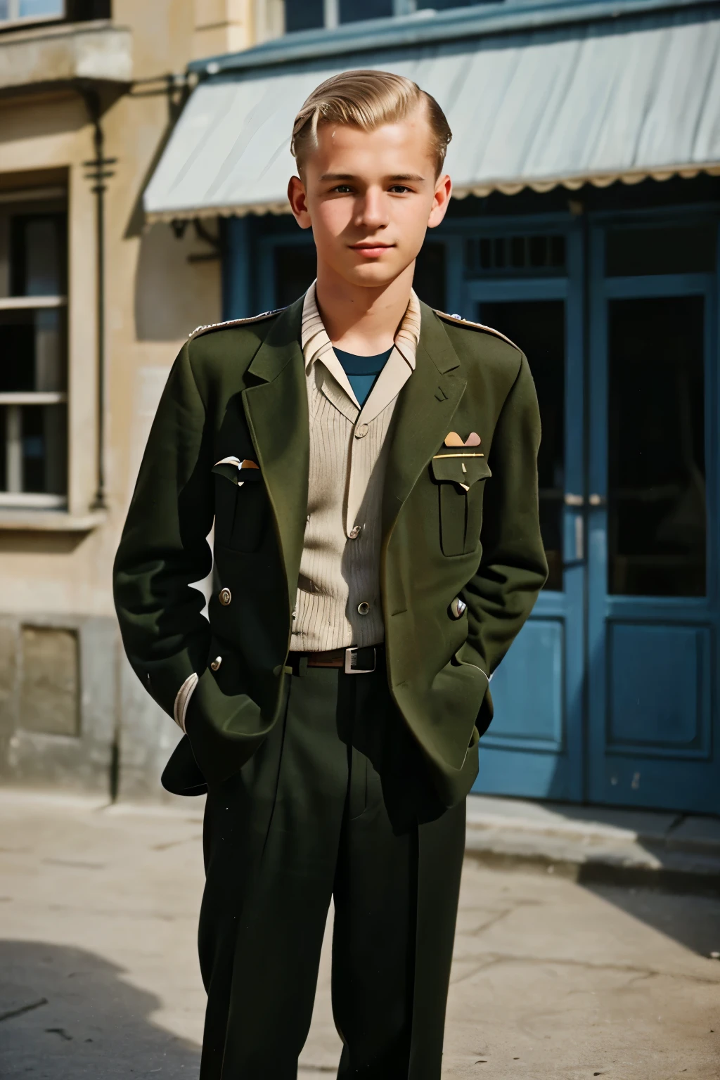 Saint-Malo, 1944. A young ((((18-year-old)) Werner Pfennig)), young man, ((((clothings from the 1940s)))), ((platinum blonde hairstyle of the 1940s))