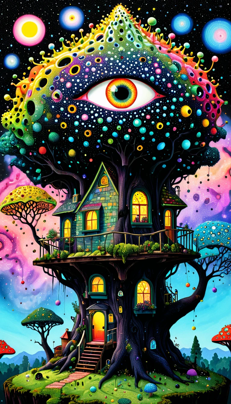 Psychedelic visual art,Colorful black,Strange illustration,Pointillism method,Trypophobia,House on top of a tree,Eye,unrealistic,Strong visual impact,black background,Star
