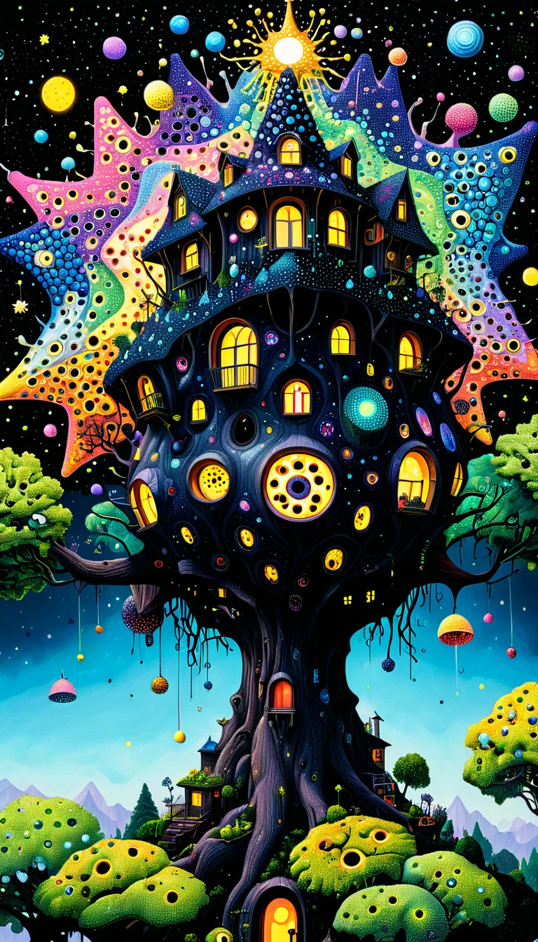 Psychedelic visual art，Colorful black，Strange illustration，Pointillism method，Trypophobia，House on top of a tree，Eye，unrealistic，Strong visual impact，black background，Star