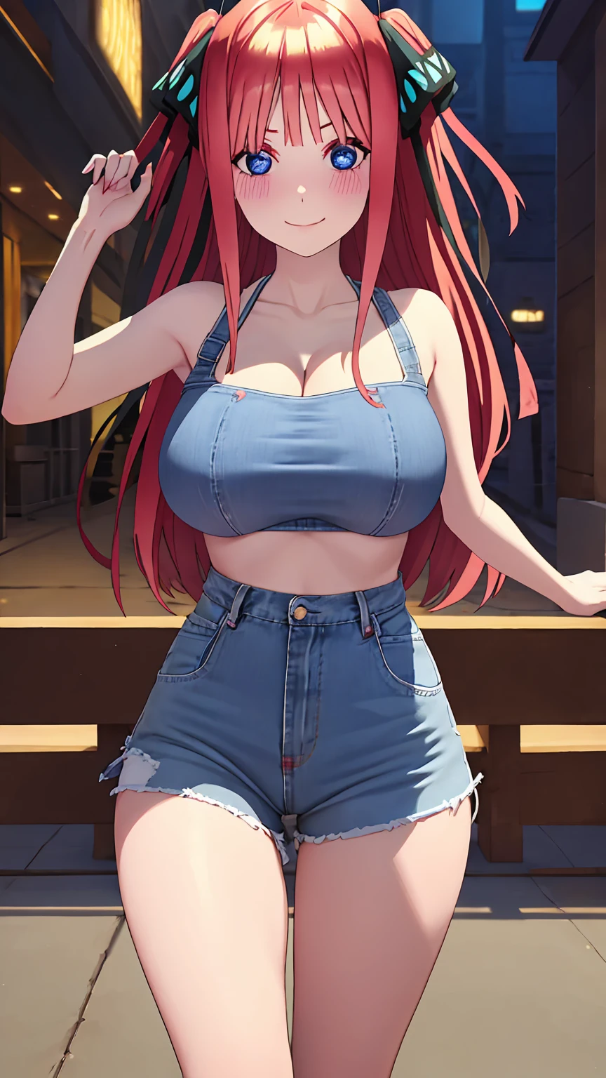 [nino nakano, long hair, bangs, blue eyes, hair ornament, hair ribbon, pink hair, blunt bangs, two side up, butterfly hair ornament,], 1girl, anime girl, anime, girl, 2d girl, 16y, (fullbody), seductive smile, blush, cleavage, Solo, Slim, Big breasts, large Breasts, sfw, cowboy shot, Tight Shorts, low waist shorts, upshorts, outdoors, night background, looking at viewer, darker shadows, (((shorts))), (((thigh gap))), (((lowleg shorts))),