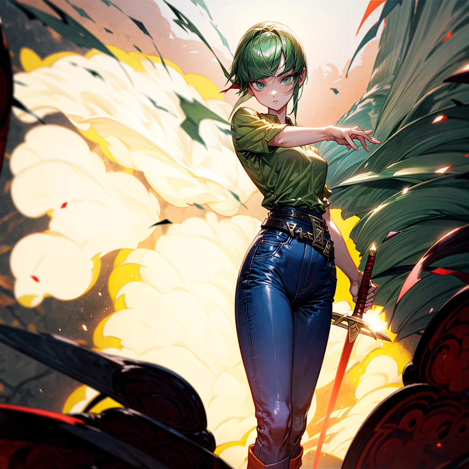 1girl, Full body version, 1character, green eyes, short haircut, (green color hair), undershirt style clothing, red colour clothing, jeans, belt, boots, Grassroots, full background in street city, (motion blur), (detective conan style art), sword in hand, fire effect on sword, lighting effect on sword, fire effect, blood on sword, smoke effect, fire effect 