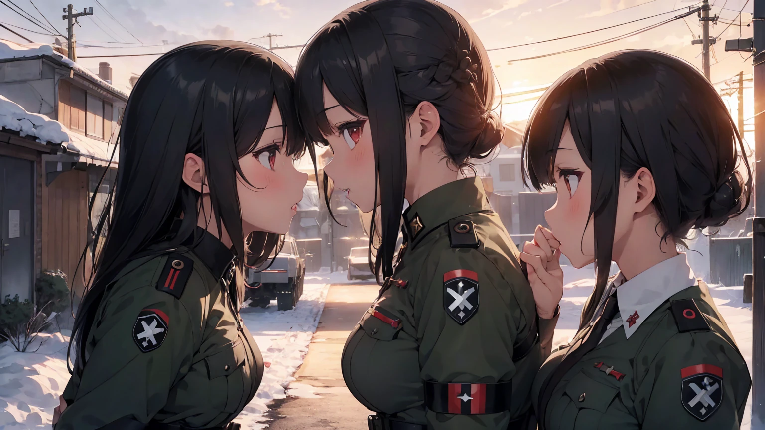 Gestapo uniform, female lesbian kawaii sisters kissing passionately with T-54 military tank. wearing Luftwaffe uniforms. 8k. masterpiece. best quality. best artwork. lingerie. Swastika insignia red armband. bare breasts. sunset. snow