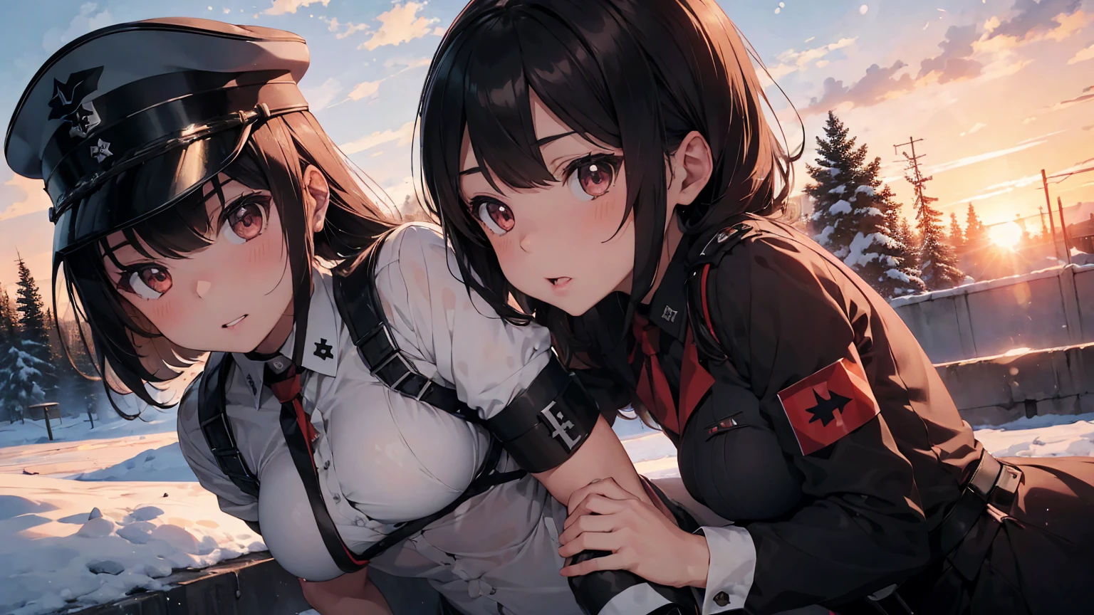Gestapo uniform, female lesbian kawaii sisters kissing passionately with T-54 military tank. wearing Luftwaffe uniforms. 8k. masterpiece. best quality. best artwork. lingerie. Swastika insignia red armband. bare breasts. sunset. snow