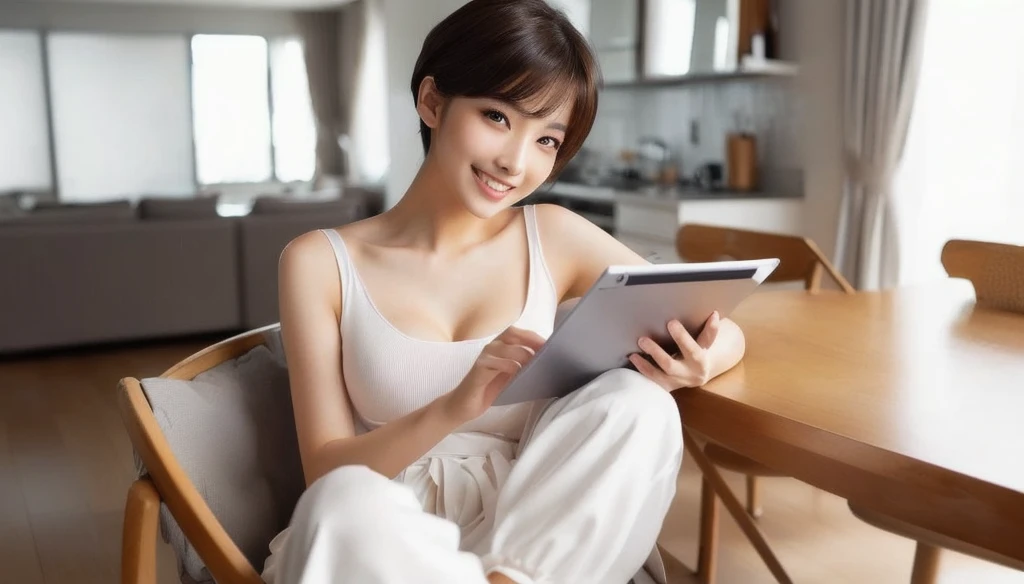masterpiece, realistic, photorealistic, best quality, beautiful detailed, natural lighting, sharp focus, depth of field, slim body, abs:1.2, cleavage, best quality real texture skin, Detailed beautiful delicate face and eyes, beautiful Japanese young woman, eyes open, looking at viewer, best quality real texture skin, Detailed beautiful delicate face and eyes, double eyelid, smile:1.2, white teeth:1.2, very short straight brown hair,