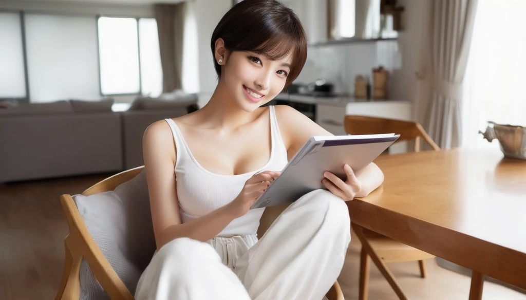 masterpiece, realistic, photorealistic, best quality, beautiful detailed, natural lighting, sharp focus, depth of field, slim body, abs:1.2, cleavage, best quality real texture skin, Detailed beautiful delicate face and eyes, beautiful Japanese young woman, eyes open, looking at viewer, best quality real texture skin, Detailed beautiful delicate face and eyes, double eyelid, smile:1.2, white teeth:1.2, very short straight brown hair,