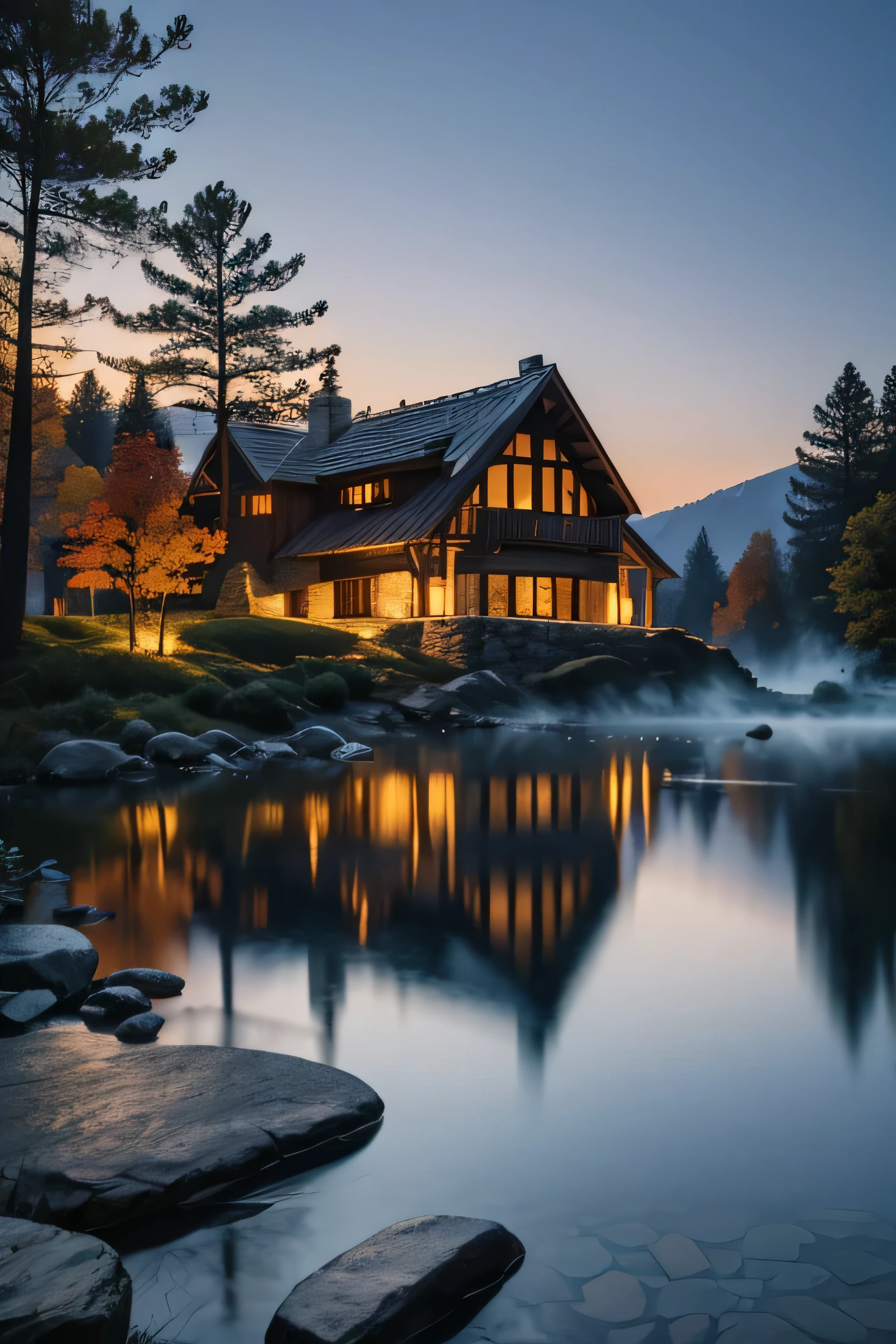 Stone house, lake, autumn, pine trees, night, fire place, misty mountain
