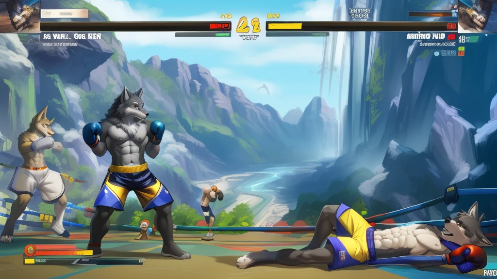 a detailed picture of a boxing match (male anthros, two boy), slim body, slim features, in a boxing ring, Ross Tran, ruan jia, trending on artstation, foxovh,User Interface of Fighting game, Crisis, assorted poses, assorted expression, full body, sound effects, motion blur, from side, ((yellow wolf, blue shorts, shirtless, abs, chest, knocked out on the floor)), (((gray wolf, white shorts, boxing pose))) “VS”