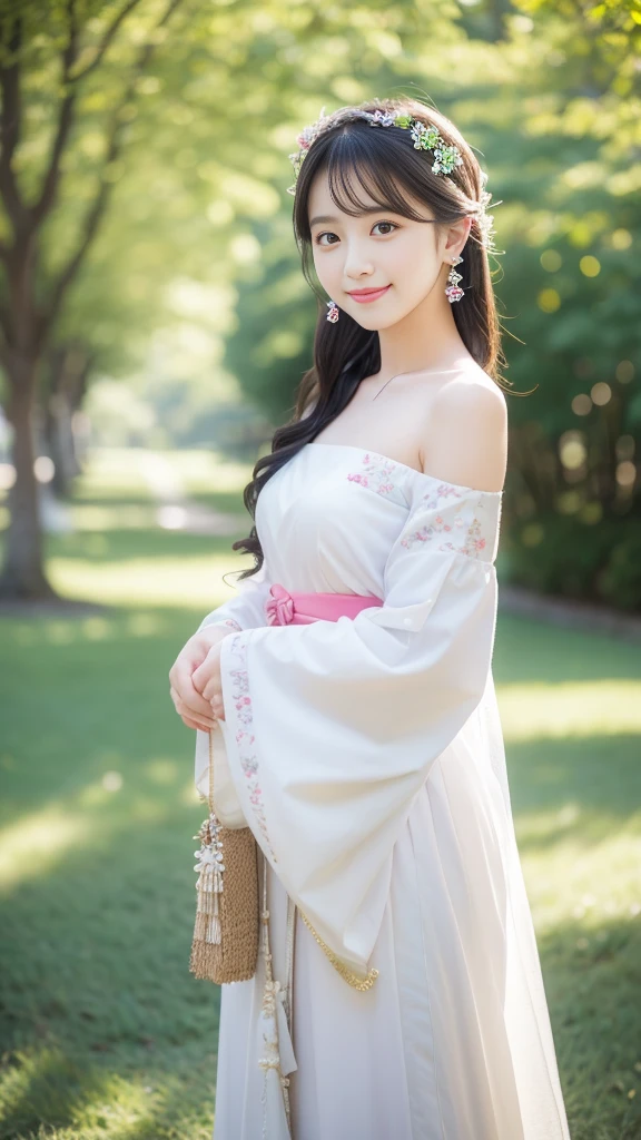 Smile, Looking at the audience, Hair accessories, Japanese clothes, side , Separate sleeves, Wide sleeves, Jewelry, earrings, Bare shoulders, 1 Girl, windy, outdoors, Digital SLR Camera, Bokeh, outdoor, Grass, Trees, evergreen, Sunlight, Sunlight, detailed, Ultra Detailed, high resolution, best quality, masterpiece, light,