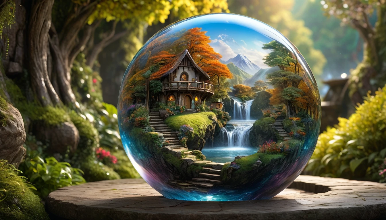 A glass sphere sculpture, concealed inside the sphere is a Hobbits village, Waterfall, in the day, detailed image, 8k high quality detailed, shaped sphere, amazing wallpaper, digital painting highly detailed, 8k UHD detailed oil painting, beautiful art UHD, focus on full glass sphere, bokeh, background Modifiers: extremely detailed Award winning photography, fantasy studio lighting, photorealistic very attractive beautiful imperial colours ultra detailed 3D, (Very Intricate), UHD, (3D Framed, Macabre)