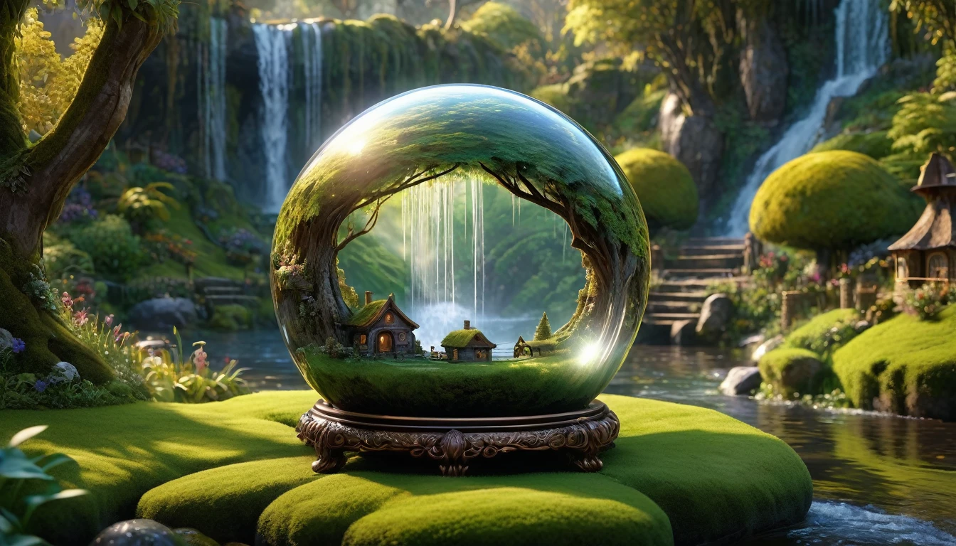 A glass sphere sculpture, concealed inside the sphere is a Hobbits village, Waterfall, in the day, detailed image, 8k high quality detailed, shaped sphere, amazing wallpaper, digital painting highly detailed, 8k UHD detailed oil painting, beautiful art UHD, focus on full glass sphere, bokeh, background Modifiers: extremely detailed Award winning photography, fantasy studio lighting, photorealistic very attractive beautiful imperial colours ultra detailed 3D, (Very Intricate), UHD, (3D Framed, Macabre)