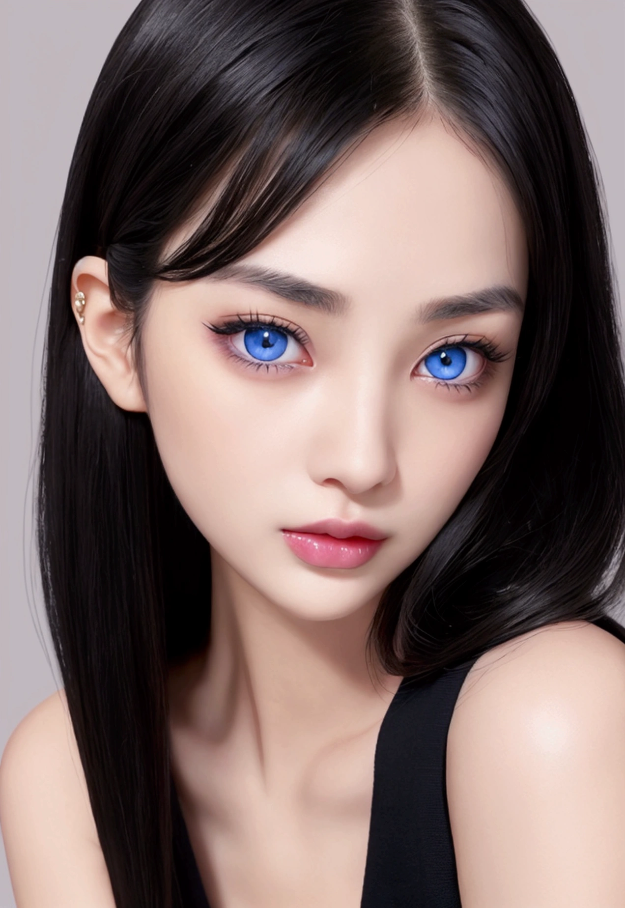 Beautiful girl looking curious. long raven black hair with layers, straight thin eyebrows. small nose. plump rose-tinted lips. slender beautiful blue eyes. good figure, victoria secret model, long eyelashes, pale skin, unreal beauty. asian girl with european feminine pronounced features. lovely slim almond-shaped eyes. Dark brows, positive canthal tilt that is not too extreme, minimal uee, almond eye shape indicating good midface bone support, good eye width to height ratio, defined medial canthus that is not too extreme, ideal eye separation ratio, color too secondarily as it is uniquely her. cute tiny button nose. white pale skin. black hair blue eyes. black hair blue eyes. black hair blue eyes. black hair blue eyes. absolutely divine, looks like a succubus. succubus. succubus. succubus. succubus. succubus THIN STRAIGHT EYEBROWS. BLUE EYEEEEEEESSSSSSSS, sailor Japanese school girl outfit, standing in front a Japanese sakura tee