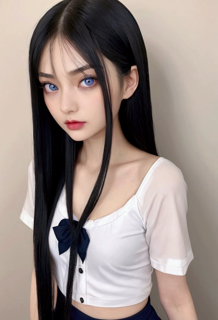 Beautiful girl looking curious. long raven black hair with layers, straight thin eyebrows. small nose. plump rose-tinted lips. slender beautiful blue eyes. good figure, victoria secret model, long eyelashes, pale skin, unreal beauty. asian girl with european feminine pronounced features. lovely slim almond-shaped eyes. Dark brows, positive canthal tilt that is not too extreme, minimal uee, almond eye shape indicating good midface bone support, good eye width to height ratio, defined medial canthus that is not too extreme, ideal eye separation ratio, color too secondarily as it is uniquely her. cute tiny button nose. white pale skin. black hair blue eyes. black hair blue eyes. black hair blue eyes. black hair blue eyes. absolutely divine, looks like a succubus. succubus. succubus. succubus. succubus. succubus THIN STRAIGHT EYEBROWS. BLUE EYEEEEEEESSSSSSSS, sailor Japanese school girl outfit, standing in front a Japanese sakura tee