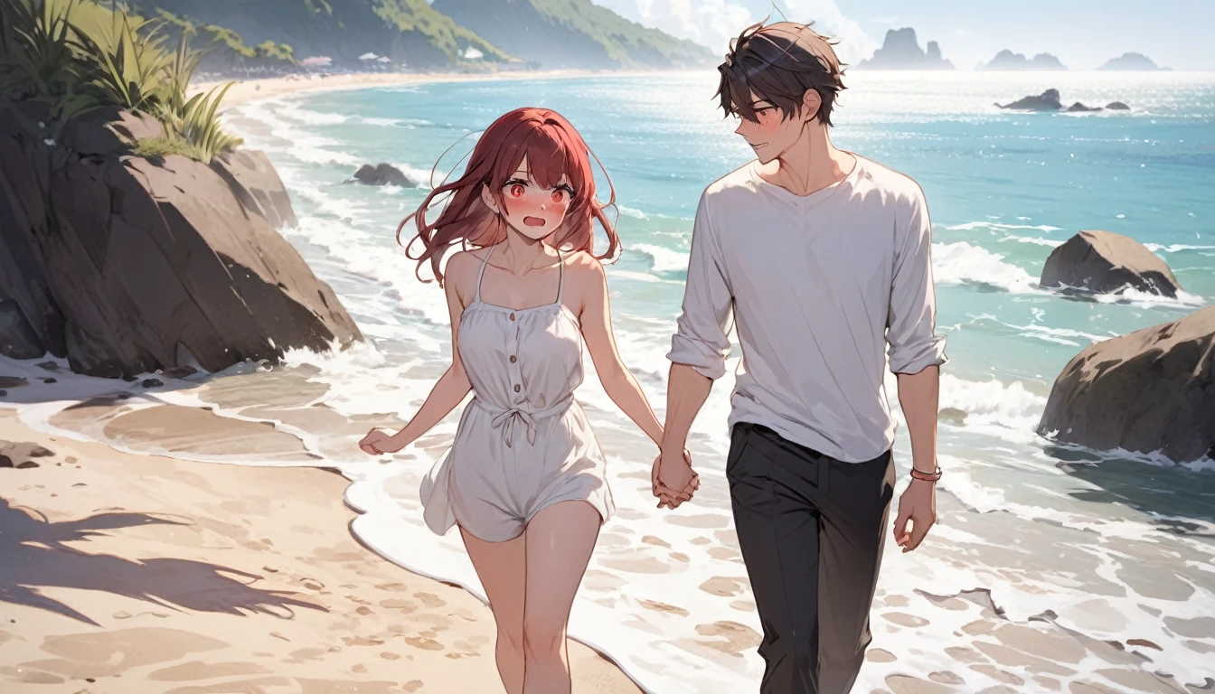 (Highest quality),Couple,Walking hand in hand,beach,Embarrassed,Red cheeks