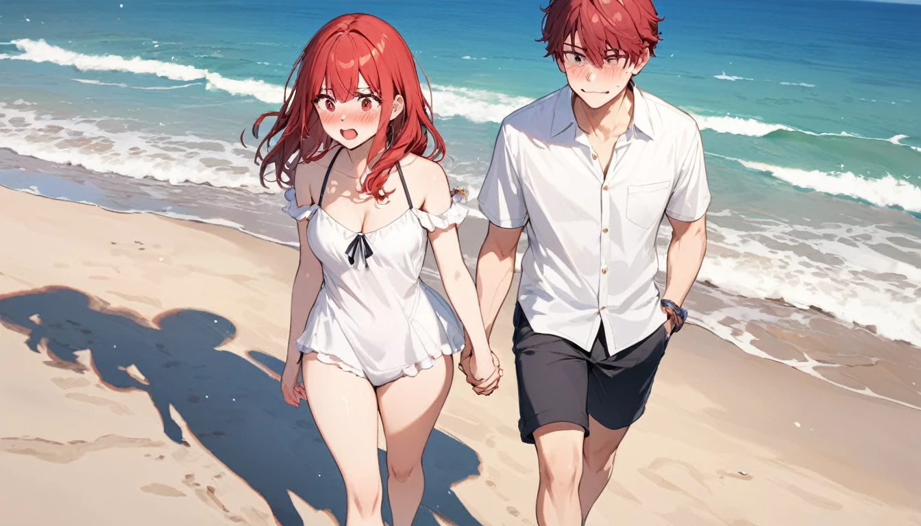 (Highest quality),Couple,Walking hand in hand,beach,Embarrassed,Red cheeks