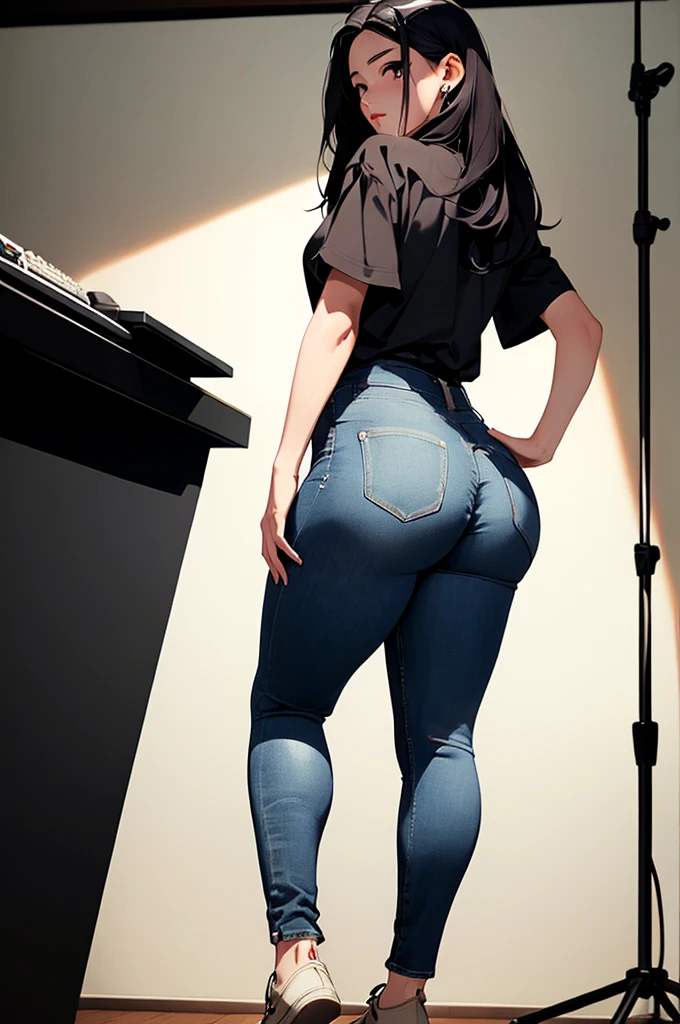 (hyuga Hinata, very sensual, with tight clothes, big-ass, legs thick, Wearing extremely tight jeans, wearing a mini blouse, umbigo com pirsing, big hair, Speaker behind, very realistic, extremely sexy, 8k, extremely detailed 8K), (an extremely delicate and beautiful), (Masterpiece artwork), (best qualityer: 1.0), (ultra highres:1.0)