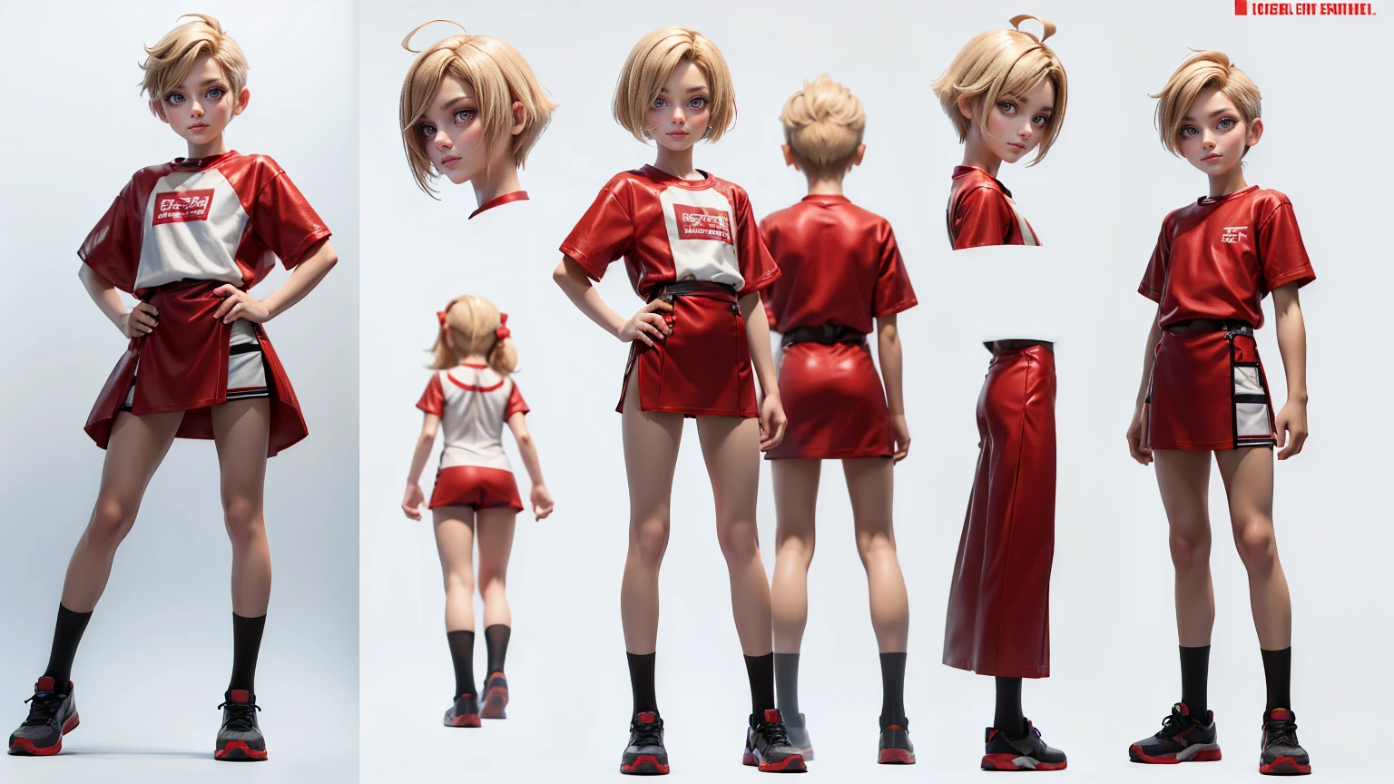  Japanese boy in a T-Shirt and Shorts Set: Dress Undercut hair style, blond hairs hairs red dress, gaming , smiling face, short dress full straight standing pose, 14yo student, , Full body, modern boy , games boy, Simple white background,,, design sheet, HD, full body, standing, modern futuristic dress, front view