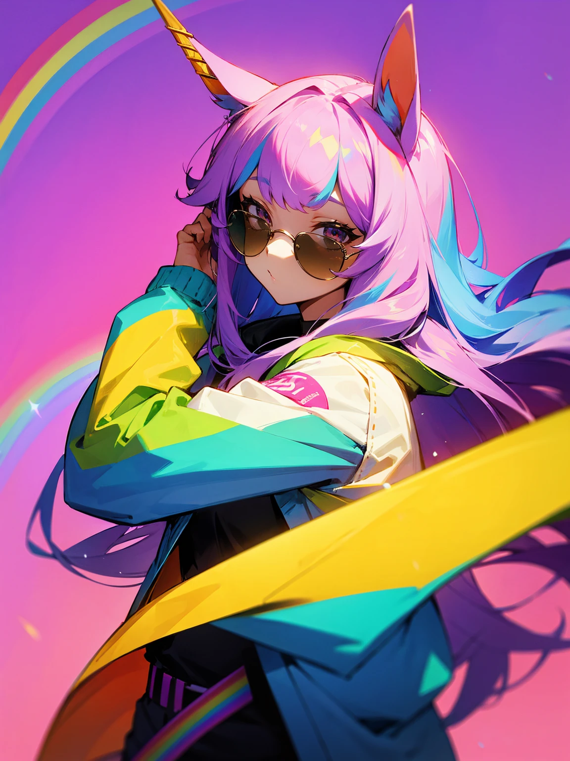 1female, long hair, straight hair, horse ears, unicorn horn, rainbow jacket, sunglasses, confident