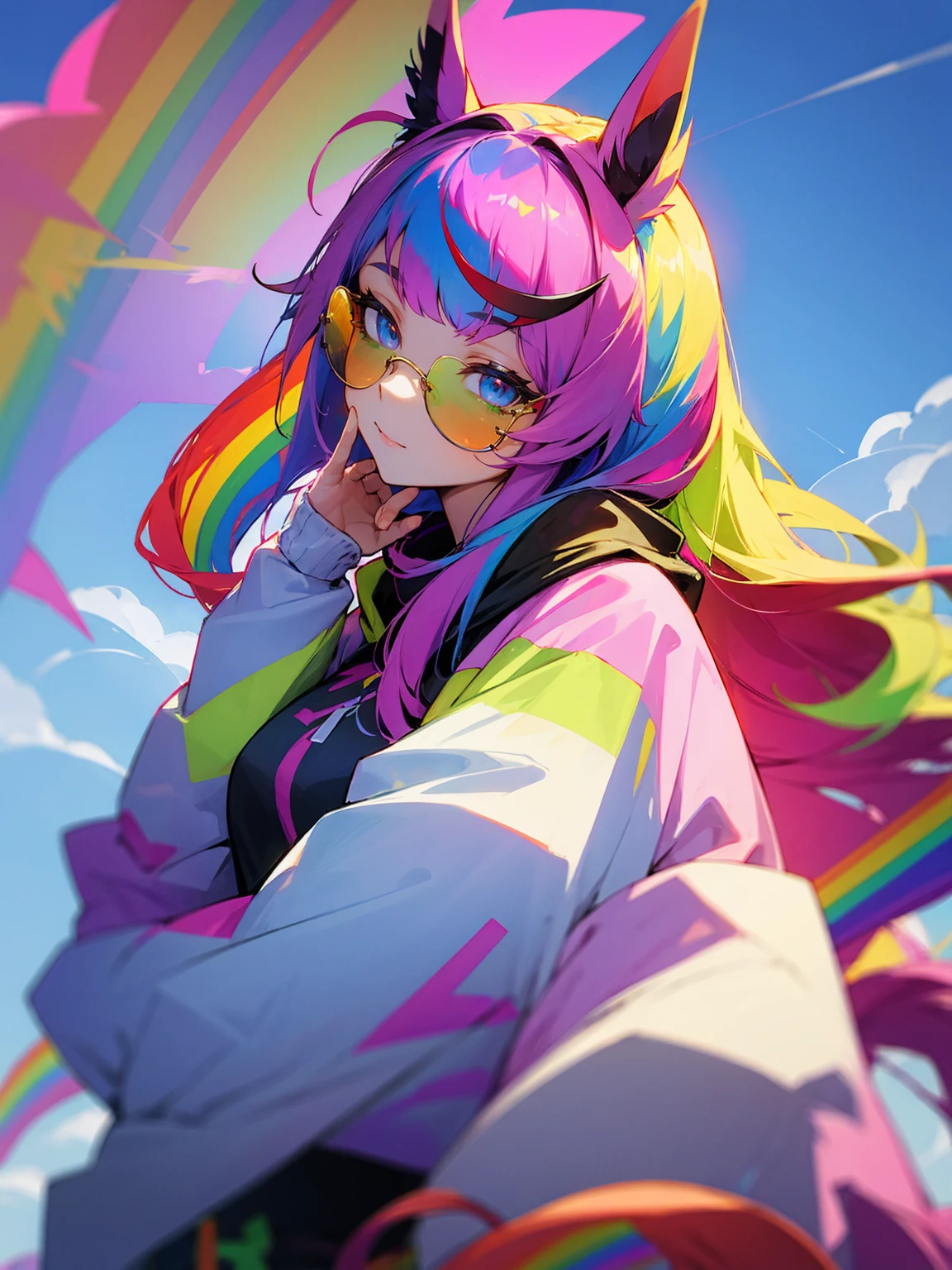 1female, long hair, straight hair, horse ears, unicorn horn, rainbow jacket, sunglasses, confident