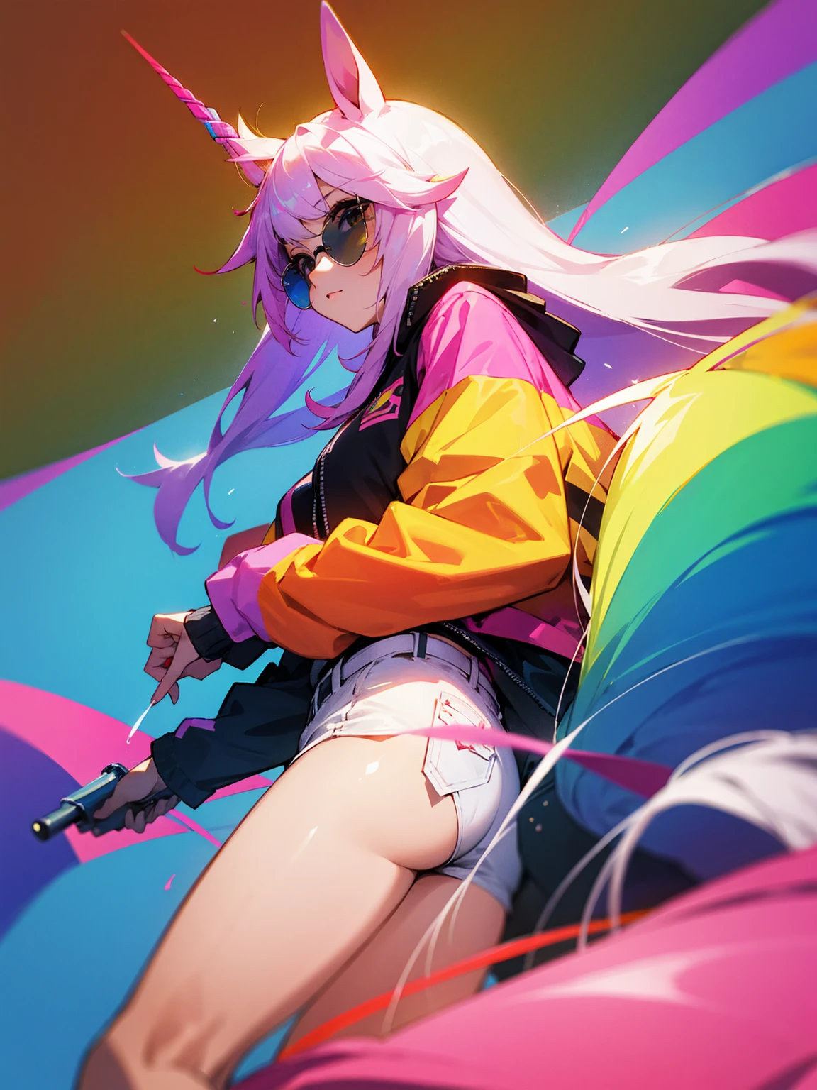 1female, long hair, straight hair, horse ears, unicorn horn, rainbow jacket, sunglasses, confident