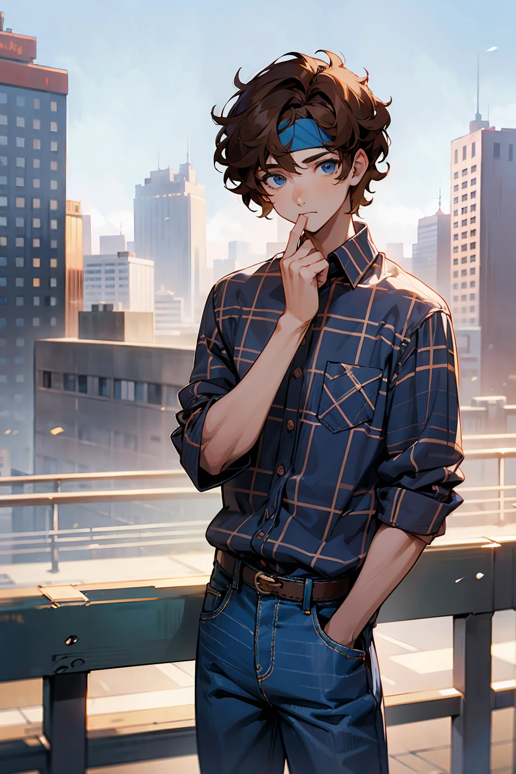 1male, Young Adult, Brown Hair, Curly Hair, Short Hair, Blue Eyes, Jeans, Headband, Flannel Shirt, City Background