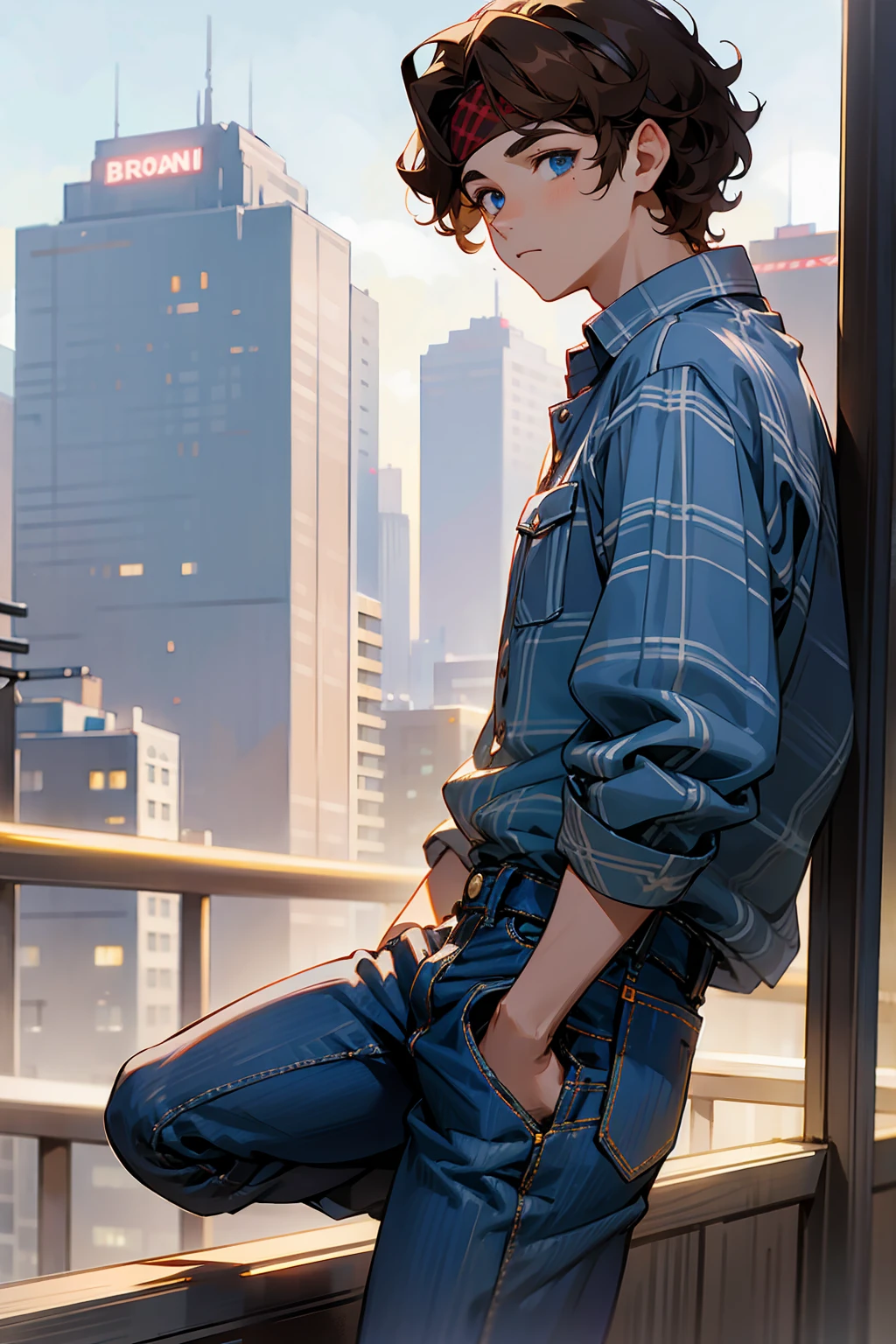 1male, Young Adult, Brown Hair, Curly Hair, Short Hair, Blue Eyes, Jeans, Headband, Flannel Shirt, City Background