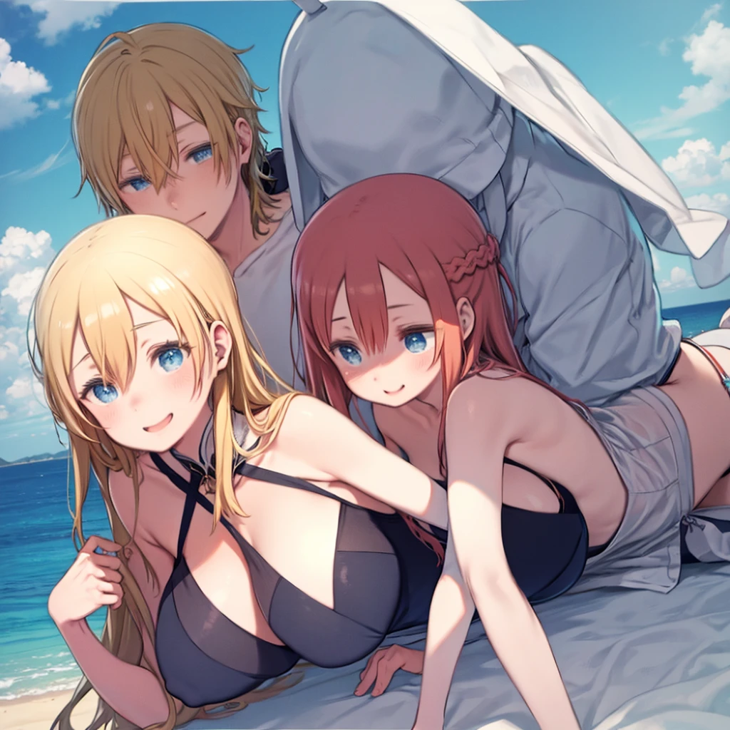 One Boy、One Mature Woman、Ocean水浴、Upper Body、Ocean、beach、laughing、茶髪のショートヘアのSwimwearの少年、Mature woman with long blonde hair、Big Breasts、Swimwear、bikini、One Shota、men and women、A good friend、