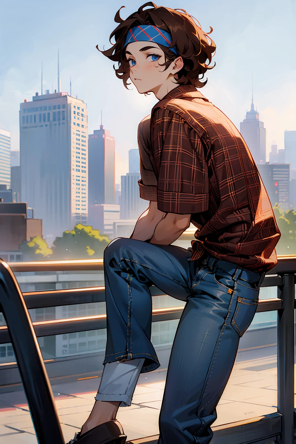 1male, Young Adult, Brown Hair, Curly Hair, Short Hair, Blue Eyes, Jeans, Headband, Flannel Shirt, City Background