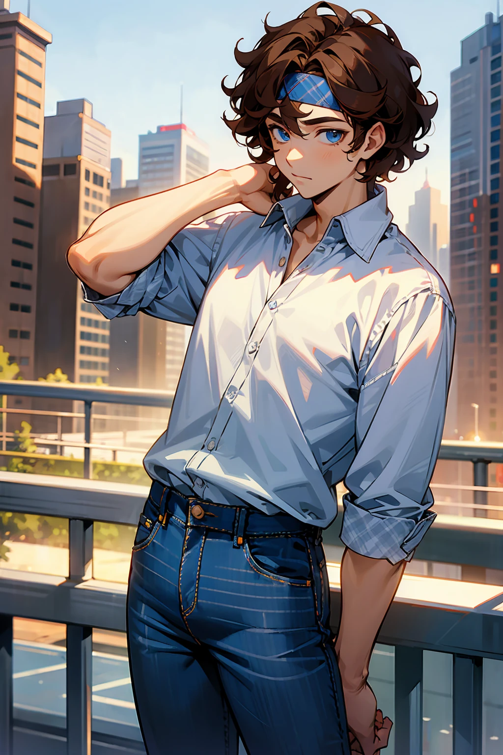 1male, Young Adult, Brown Hair, Curly Hair, Short Hair, Blue Eyes, Jeans, Headband, Flannel Shirt, City Background