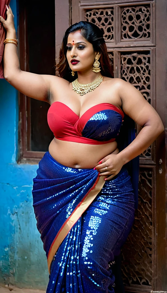 Indian married woman, looking like natasha nice, full body shot, Big chubby aunty, milf, c, 40 years old gorgeous mature lady, pervert demoness, demoness of lust, curvy, black lips, horny face, extremely gorgeous, thick figure, heavy physique, voluptuous, curvy, sexy figure, wearing indian ornament, glowing eyes, minimal details, givenchy, photoreal, 200mm, hd, f/ 2.0, highly detailed, surreal, sexy beauty woman, sexy bold sequin Saree with strapless indian blouse ,, drop dead, in the style of red and blue, (intricate details, hyperdetailed:1.15) (skin texture:1.2), dark Moody tone, cinematic lighting, haunted place in background, hot Amma, hot aunty, hot bhabi, hot Chachi, heavy figure, fleshy figure, heavy and big breast, spicy hot woman, thick belly, showing her sweaty armpits