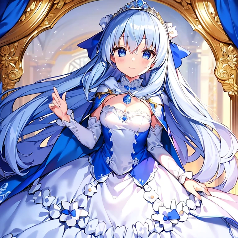 best quality,(long train blue cape:1.15),a cape wraps around the shoulders and arms,(long train white ball gown with floral decoration:1.15), a girl is wearing a cape over her dress, anime style, rococo style, little princess, tiara, kind smile, very long hair, small breast, perfect fingers, masterpiece