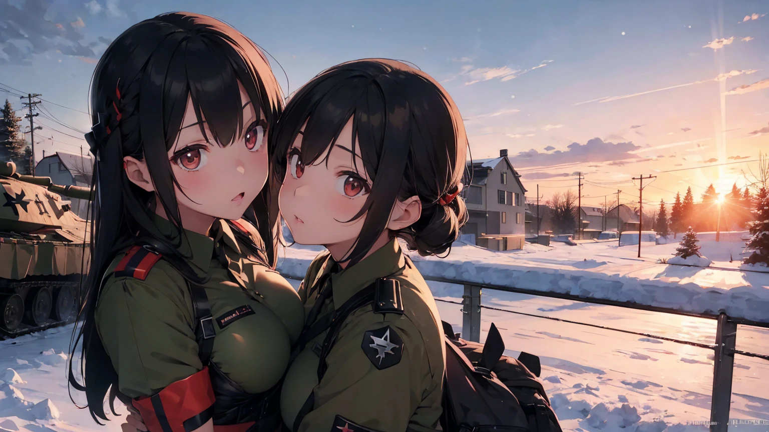 Gestapo uniform, female lesbian kawaii sisters kissing passionately with T-54 military tank. wearing Luftwaffe uniforms. 8k. masterpiece. best quality. best artwork. lingerie. Swastika insignia red armband. bare breasts. sunset. snowing
