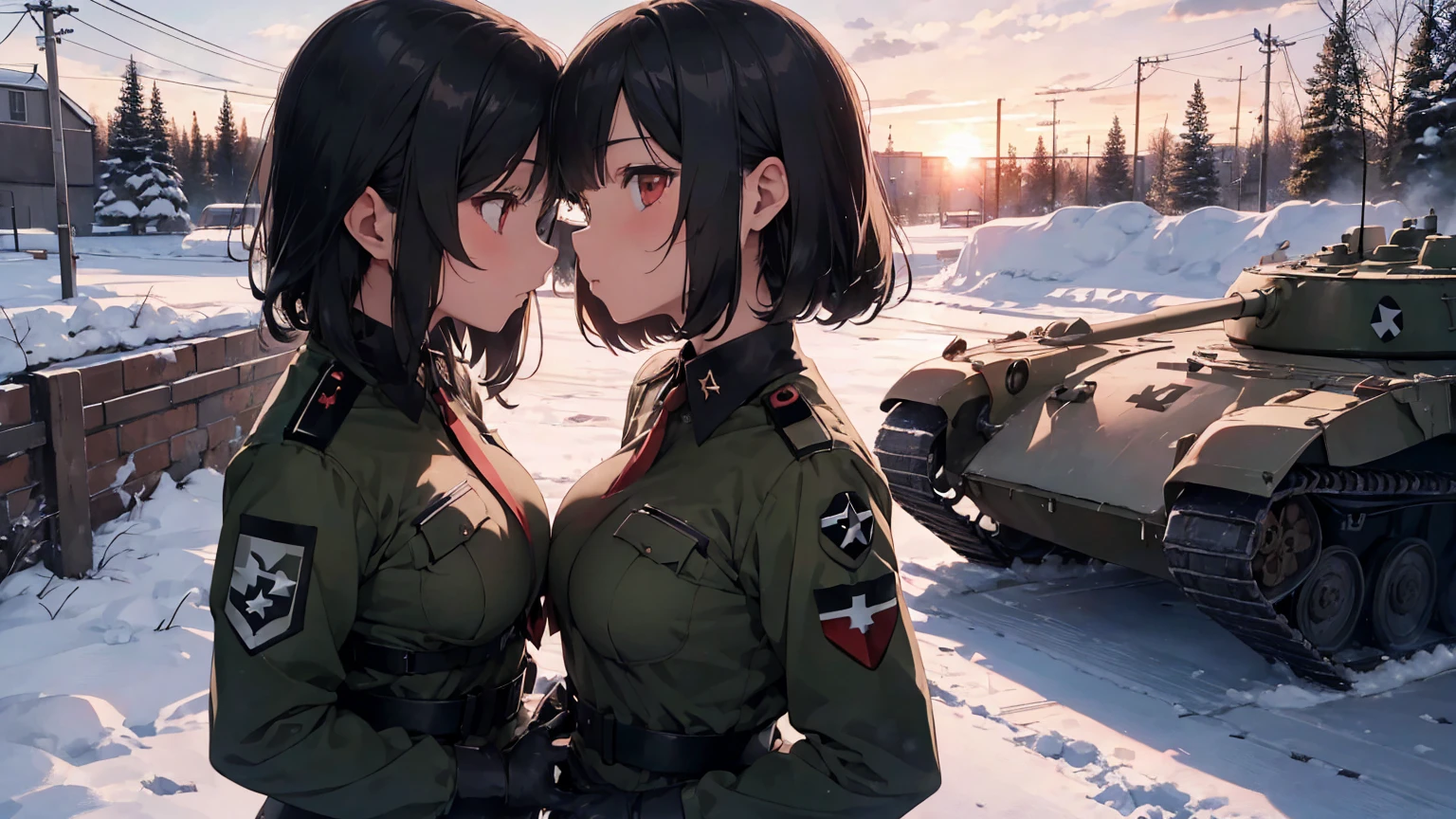 Gestapo uniform, female lesbian kawaii sisters kissing passionately with T-54 military tank. wearing Luftwaffe uniforms. 8k. masterpiece. best quality. best artwork. lingerie. Swastika insignia red armband. bare breasts. sunset. snowing