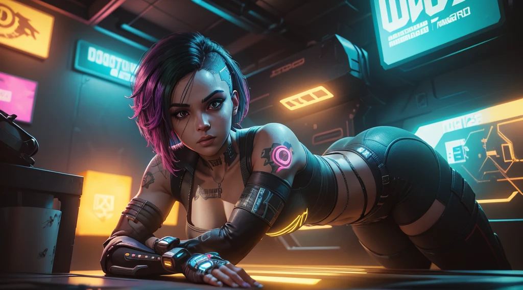 Judy Alvarez from cyberpunk 2077, background is a bright scene, neon lights illuminating the area around her, The artwork is rendered in an edgy and realistic style, with high attention to detail and sharp focus. The colors are vivid and contrasted, with a slight desaturation to create a moody atmosphere. shadowy highlights enhancing the overall composition. The medium used is a digital illustration, with a touch of photo-realistic elements to add depth and texture to the image. The final result is a masterpiece in ultra-high resolution,