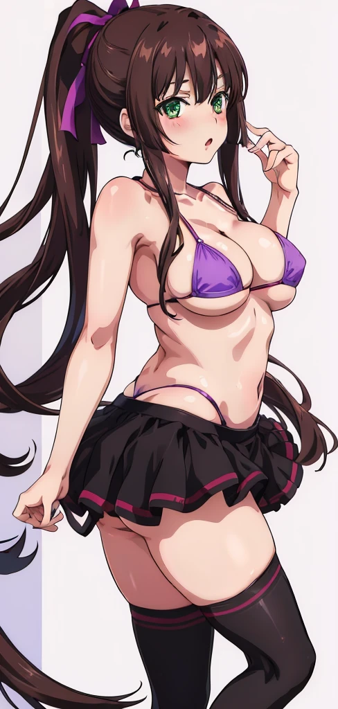 masterpiece, best quality,1girl,solo,kirasaka sayaka,brown hair,long hair,ponytail, hair ribbon, green eyes,,purple thighhighs, wariza, (bikini).