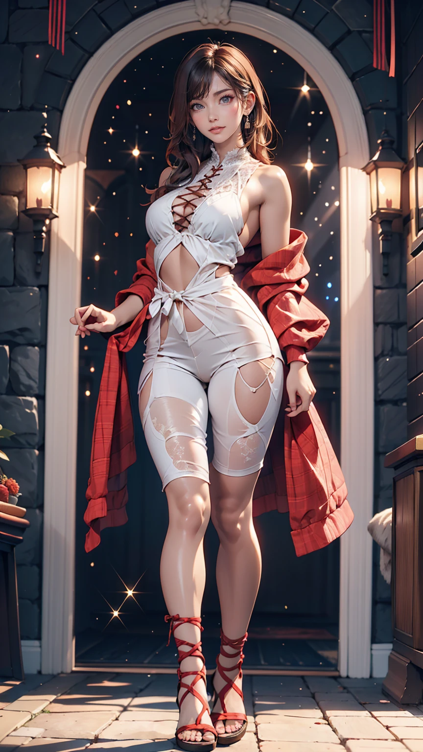 masterpiece, Beautiful Goddess of the Void, Full body white transparent clothing standing under the stars at night in the sky, Disappearing Transparent Pants, Full body standing, Tall figures, Thin legs, Facial details, Body parts details, 8k wallpaper、24-year-old female、Sexy proportions、Sexy、Textured skin((textured skin))、Narrow waist、Long eyelashes、bottomless、topless、Lace-up sandals、smile