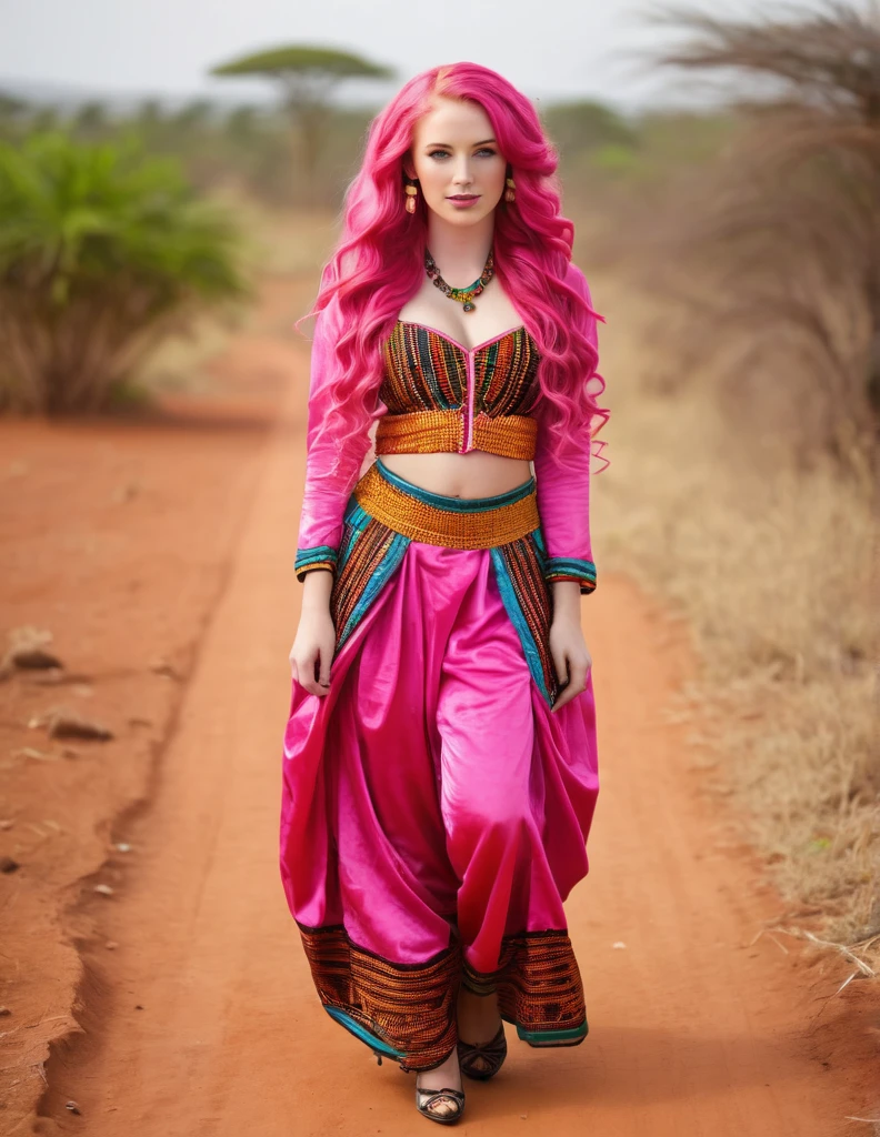 Very attractive 25 year old caucasian female with long wavy bright pink hair, wearing traditional Tanzanian costume, full length, photo quality