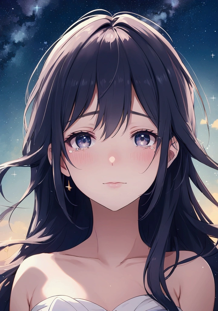 lofi image,A young woman facing the viewer with tears in her eyes, gazing at a star-filled night sky. The background should be a dark, starlit sky and a calm ocean. The scene should convey a sense of melancholy and contemplation, with the stars brightly shining and reflecting on the water's surface. The woman should be the focal point, with her expression and the gentle glow of the stars enhancing the emotional atmosphere.