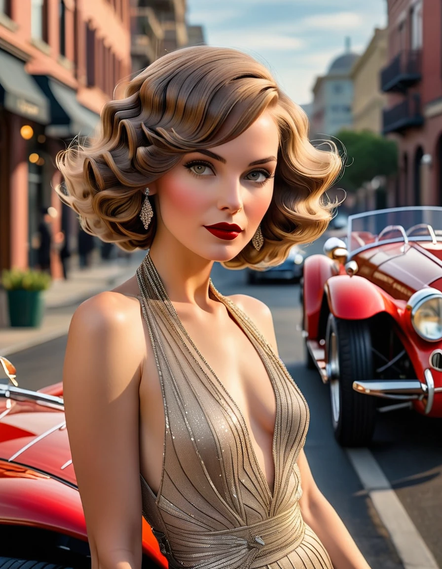 Betsy Braddock, echoing the enchanting allure of the roaring twenties, her hair fashioned in a shingle cut, evoking the Gatsby era, dressed in entrancing 20s attire, set against the stunning backdrop of Ferrari SF90 Spider, city street, panorama view,